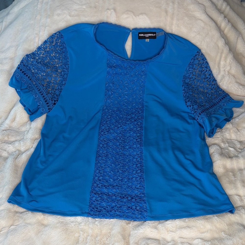 Karl Lagerfeld Vibrant Blue Lace Women's Blouse Size L Pearl Button Designer - Picture 2 of 9